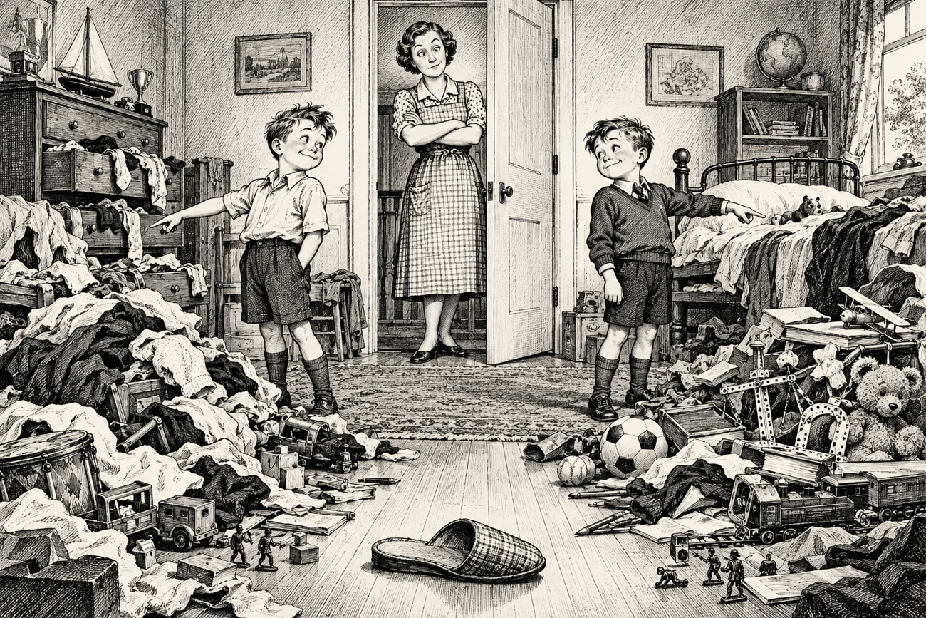Cartoon illustration accompanying the brothers’ bedroom-cleaning incident